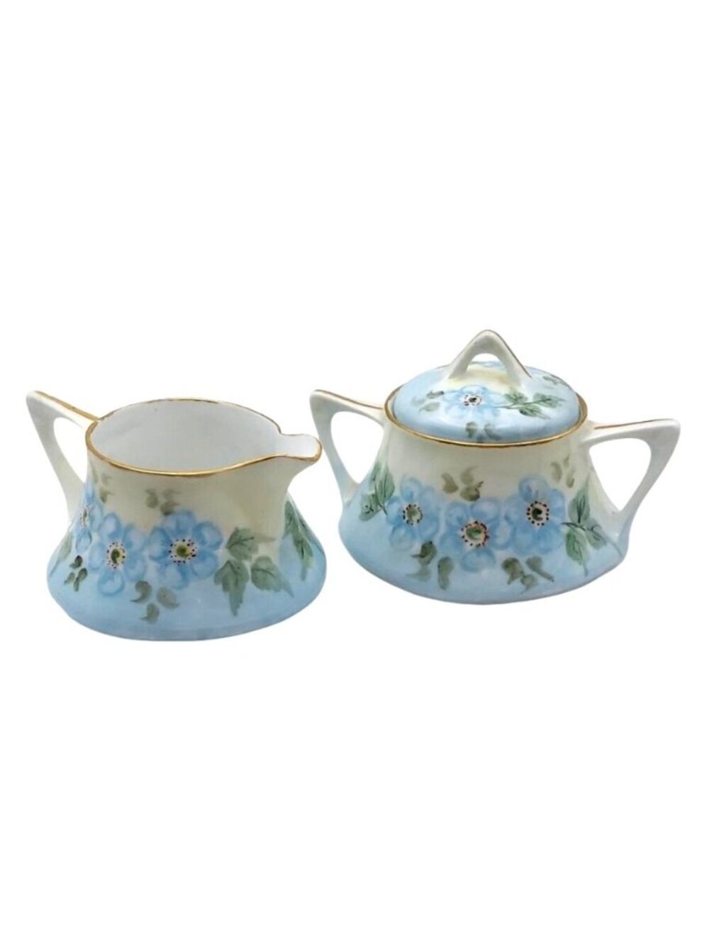 Antique Hand Painted Zeh Scherzer Bavaria Blue Floral Creamer & Sugar Bowl Set